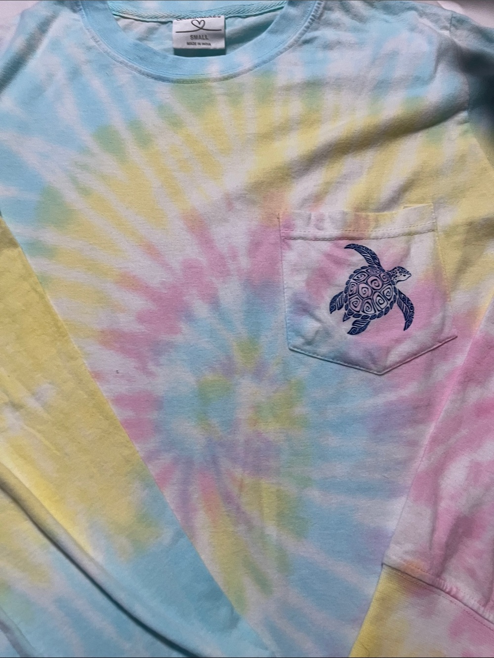 Tie-Dye Long Sleeve Pocket Tee with Sea Turtle Print - Pastel